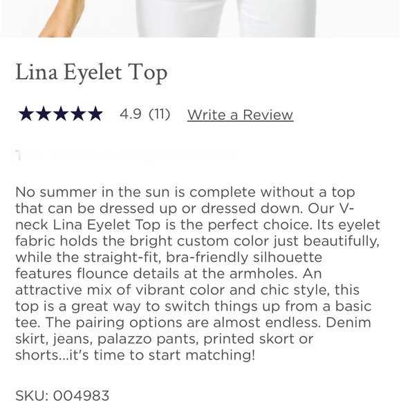 Lilly Pulitzer TOP Lina EyeLet XS V-neck eyelet fabric, vibrant color, chic. - Picture 2 of 4